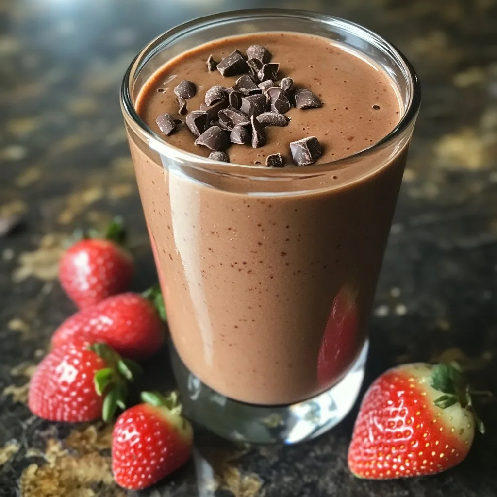 Dunkle Schokoladen-Erdbeer-Smoothie in einem Glas mit frischen Erdbeeren