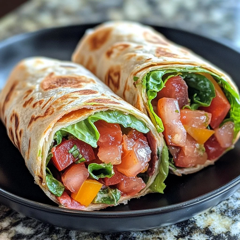 Eenvoudige BLT-wraps met spek, sla en tomaat op een tortilla