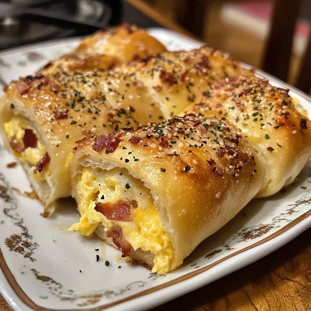 Eier-, Speck- und Käsegefüllte Brötchen auf einem Holzbrett