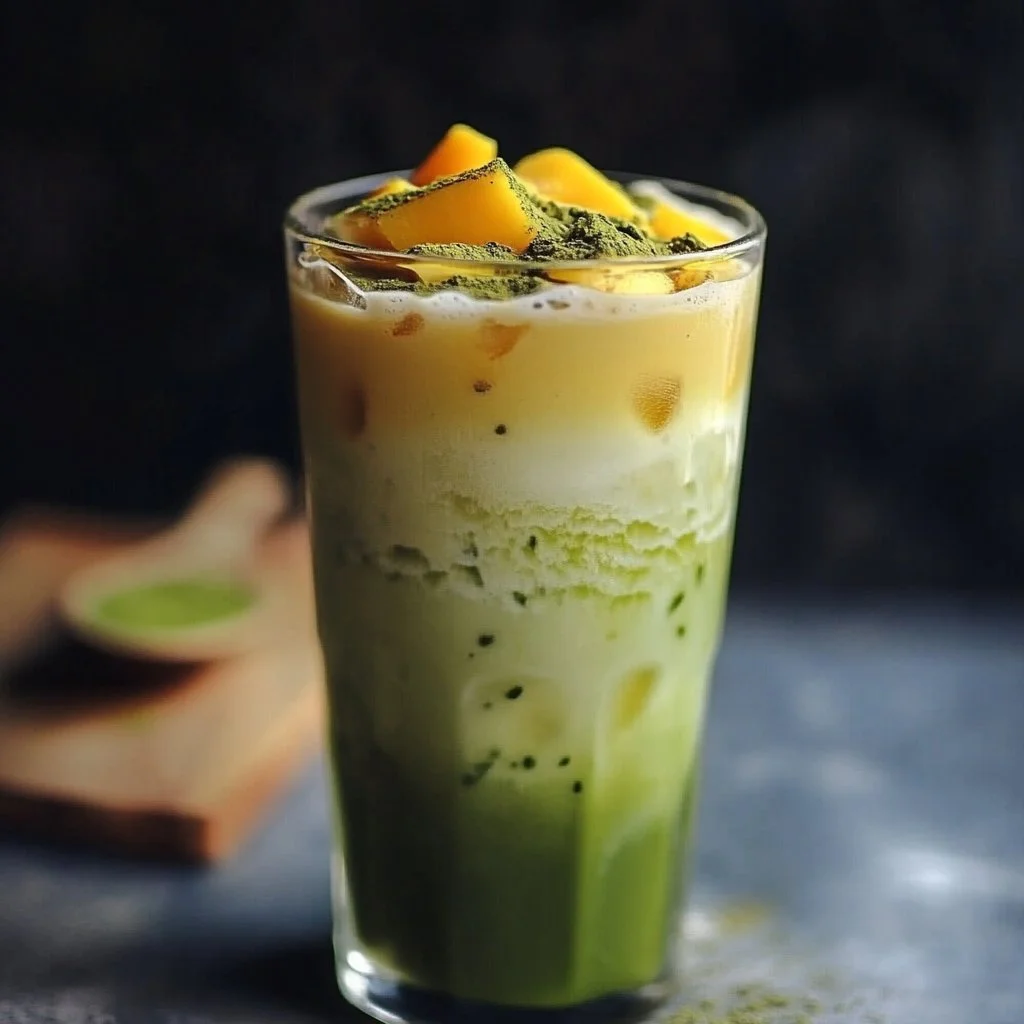 Eisgekühlter Mango-Matcha-Latte im Glas mit frischen Mangostücken
