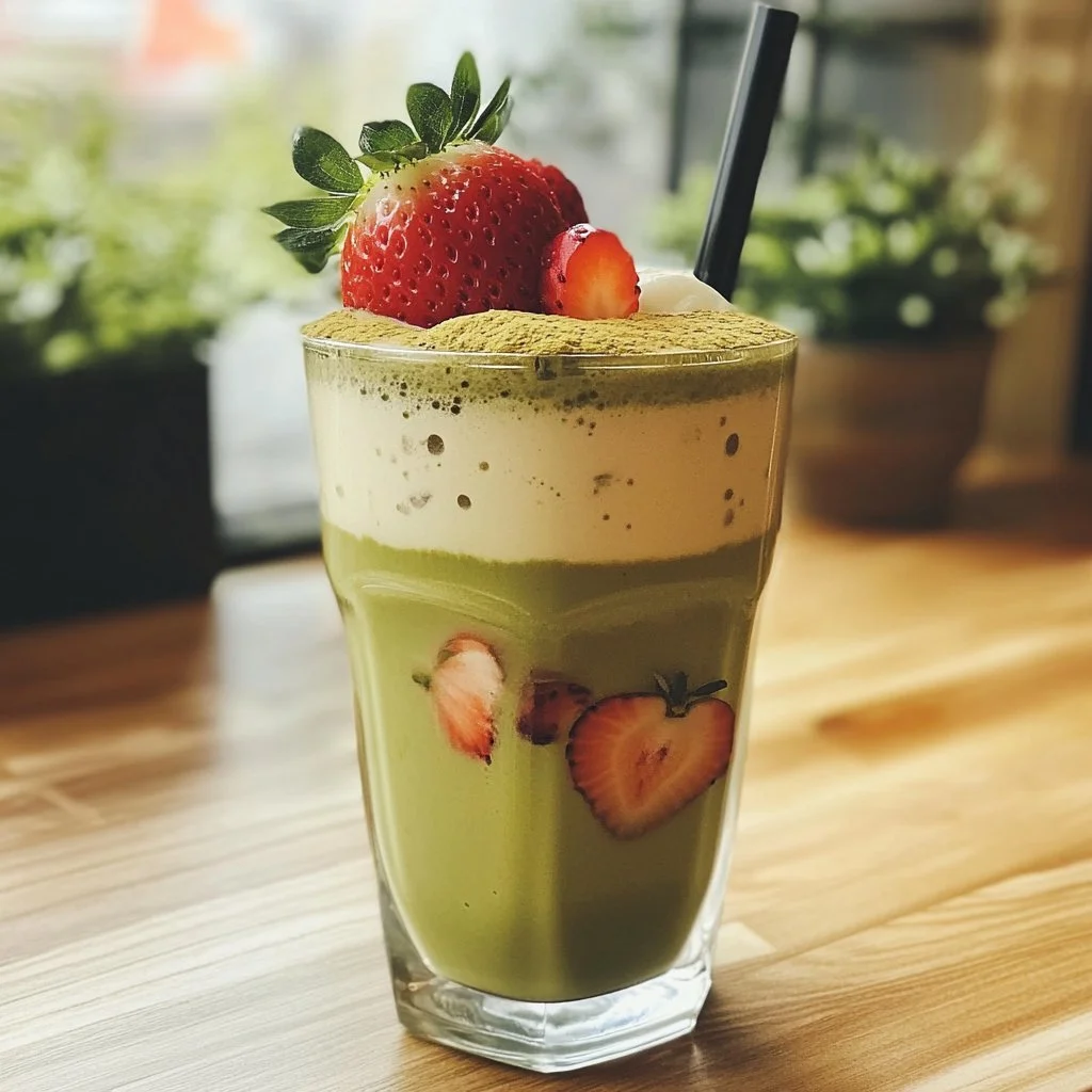 Eisiger Erdbeer-Matcha-Latte in einem Glas mit Erdbeeren und Matcha-Pulver