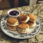 Frisch gebackene englische Scones auf einem Teller mit Marmelade und Sahne.