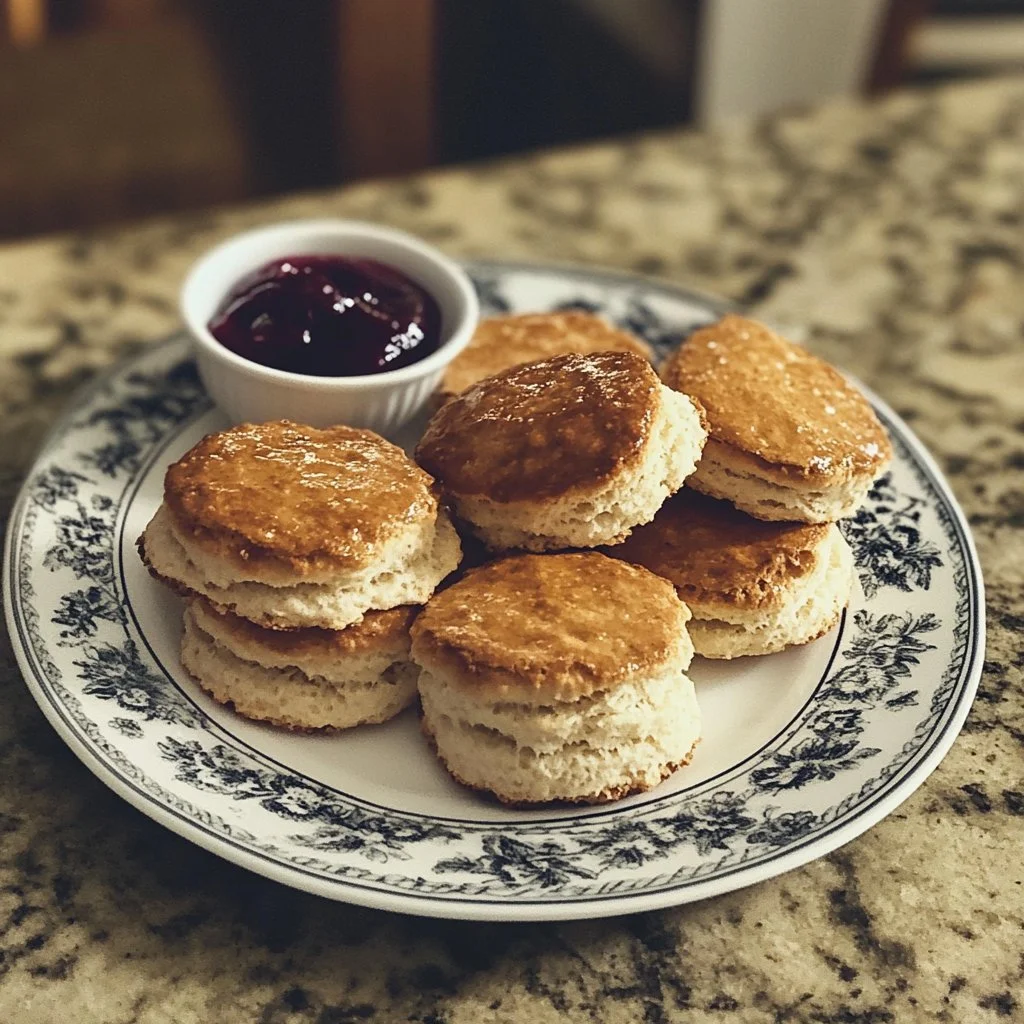 Frisch gebackene englische Scones auf einem Teller mit Marmelade und Sahne.