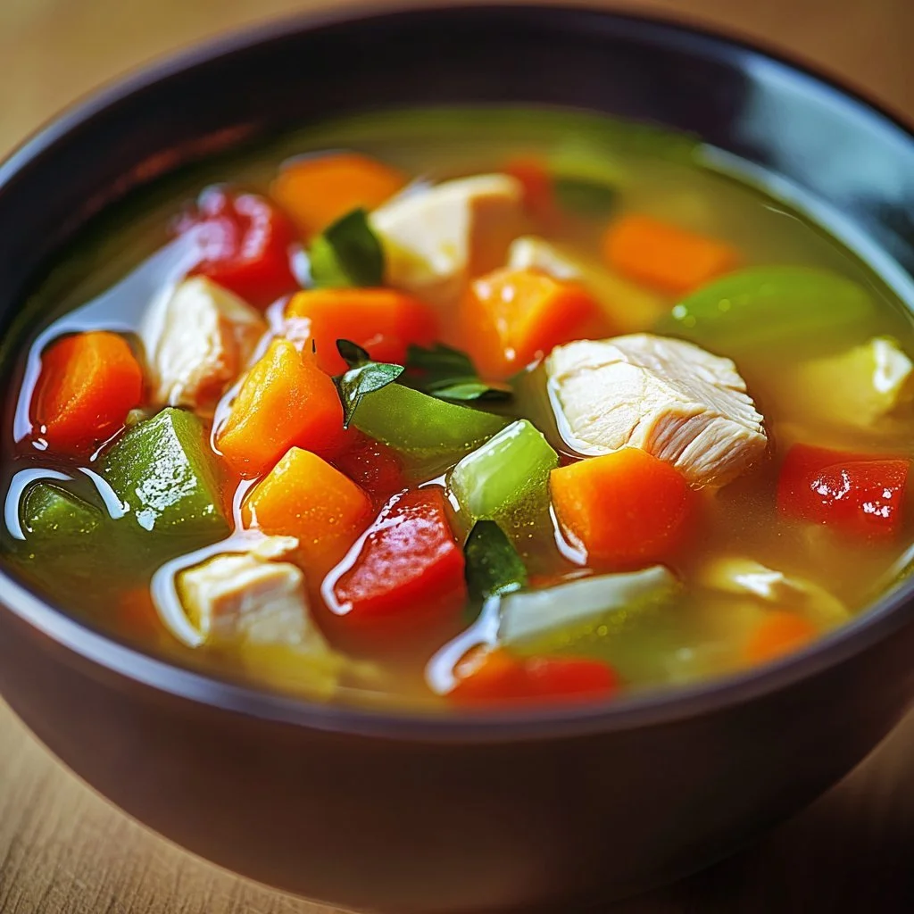 Schüssel mit entzündungshemmender Hühnersuppe aus frischen Zutaten