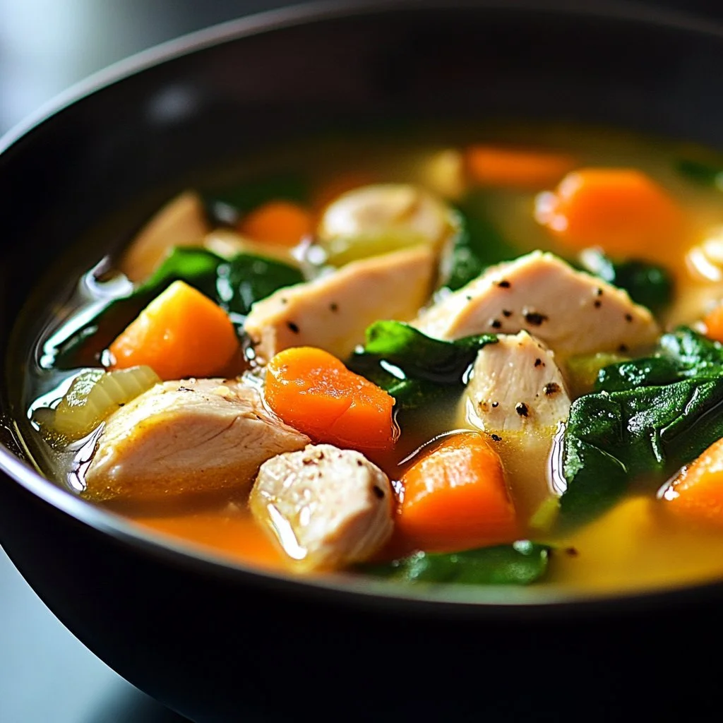 Schüssel mit entzündungshemmender Hühnersuppe, frisch zubereitet.