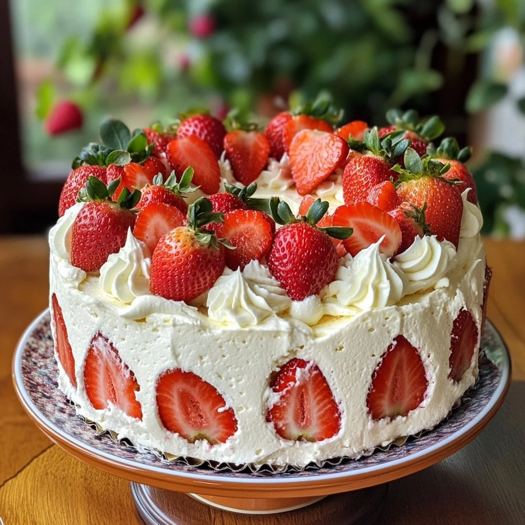 Erdbeer-Chiffon-Kuchen auf einer weißen Servierplatte, dekoriert mit frischen Erdbeeren.