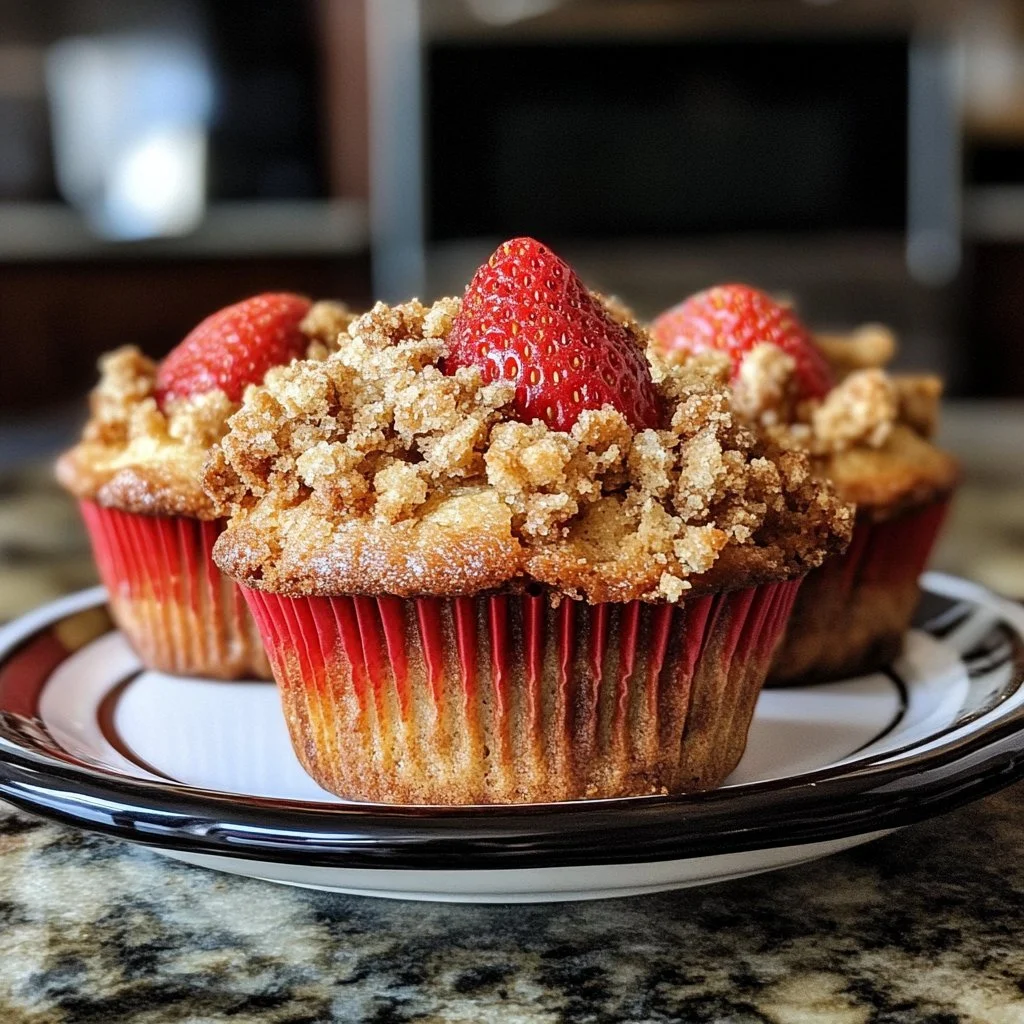 Erdbeer-Crumble-Muffins frisch aus dem Ofen mit knusprigem Topping