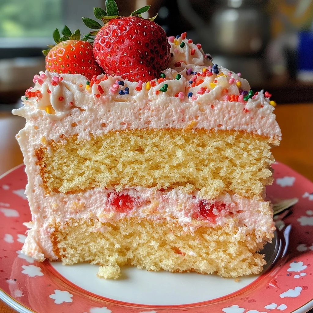 Erdbeer- und Vanillekuchen auf einem Teller, dekoriert mit frischen Erdbeeren