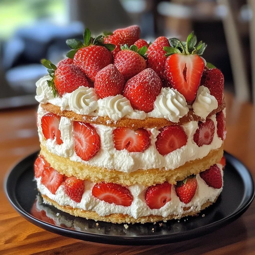 Erdbeerkuchen im dünnen Teig mit frischen Erdbeeren garniert