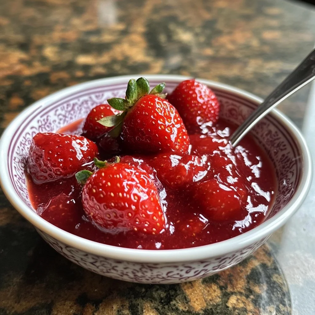 Hausgemachte Erdbeersauce in einem Glas mit frischen Erdbeeren