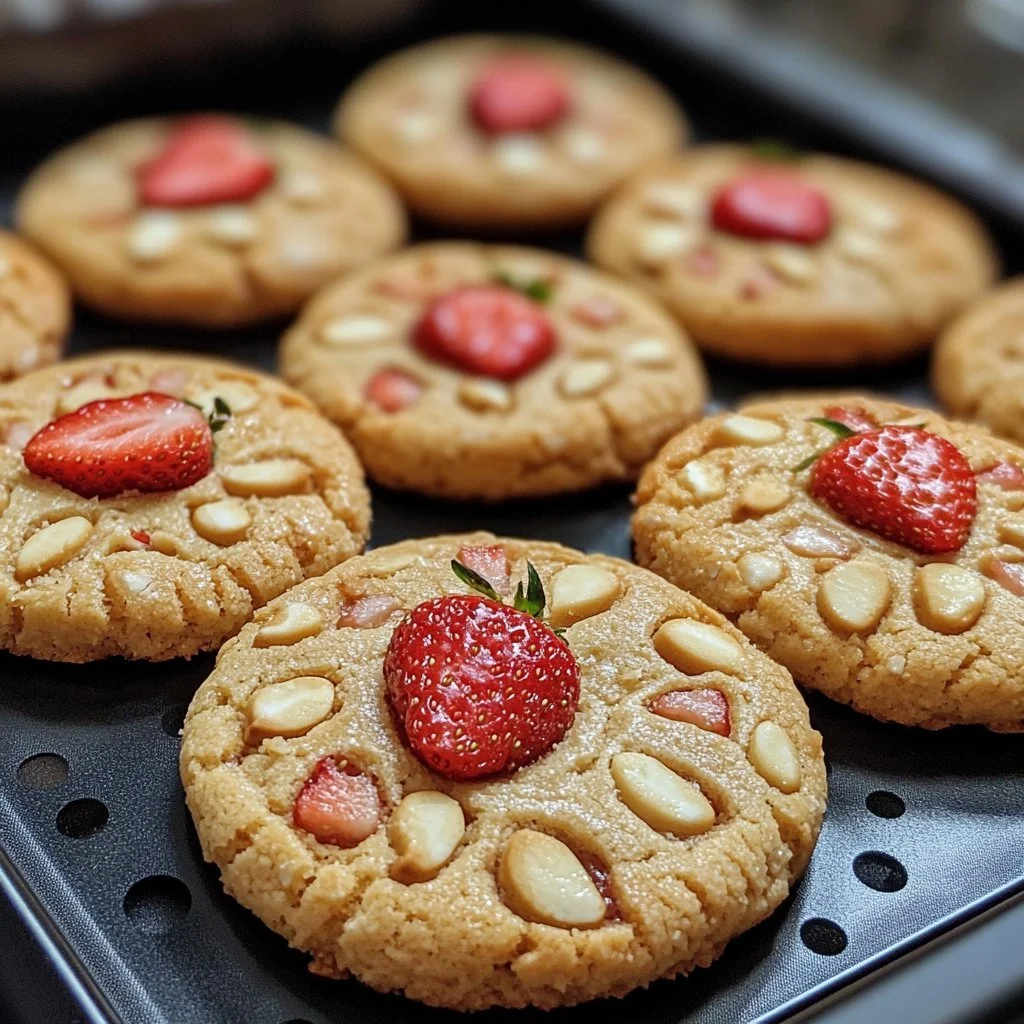 Leckere Erdbeertorten-Kekse auf einem Teller mit frischen Erdbeeren.