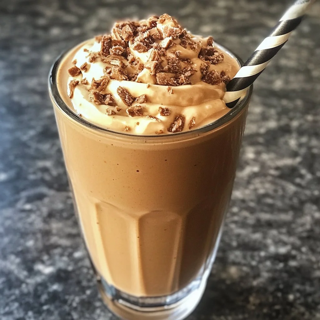 Erdnussbutter Kaffee Smoothie in einem Glas mit Erdnüssen und Kaffee