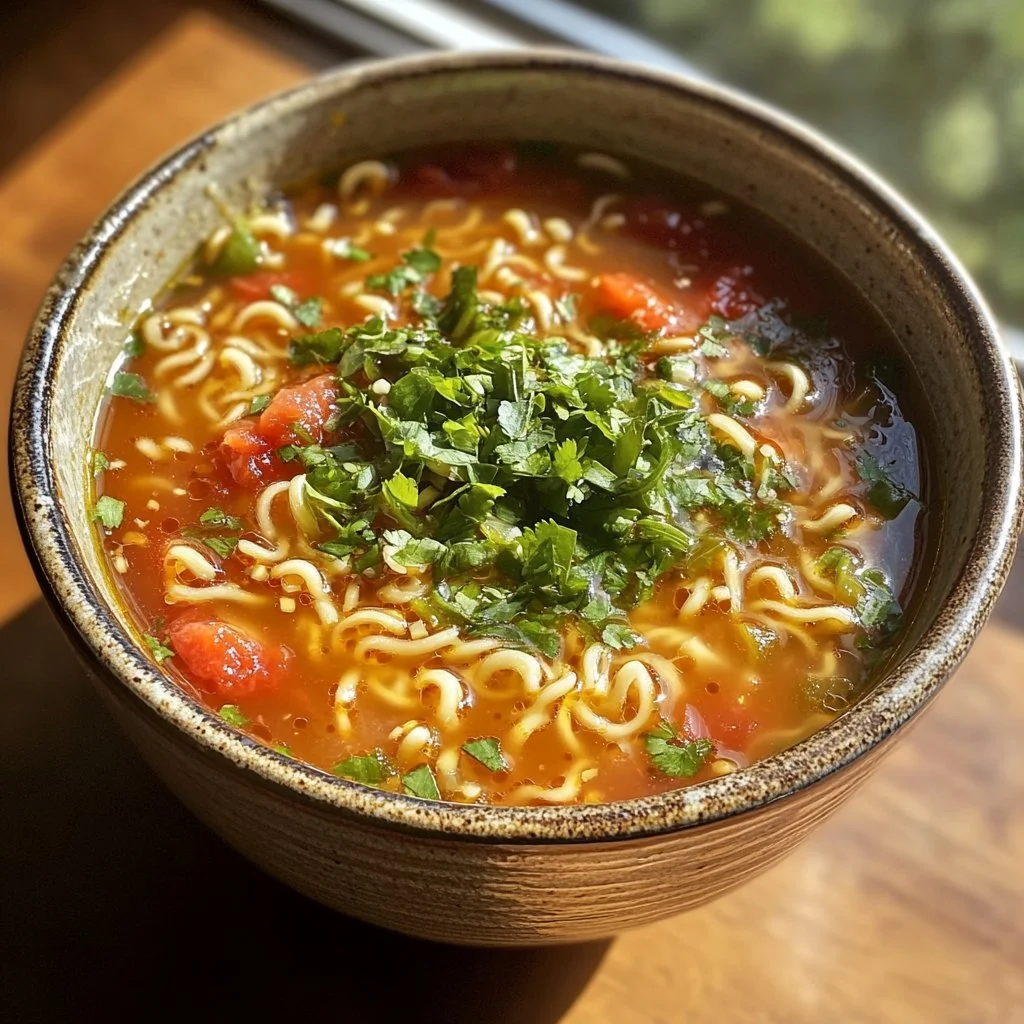 Schüssel mit dampfender Fadennudelsuppe, serviert mit frischen Kräutern