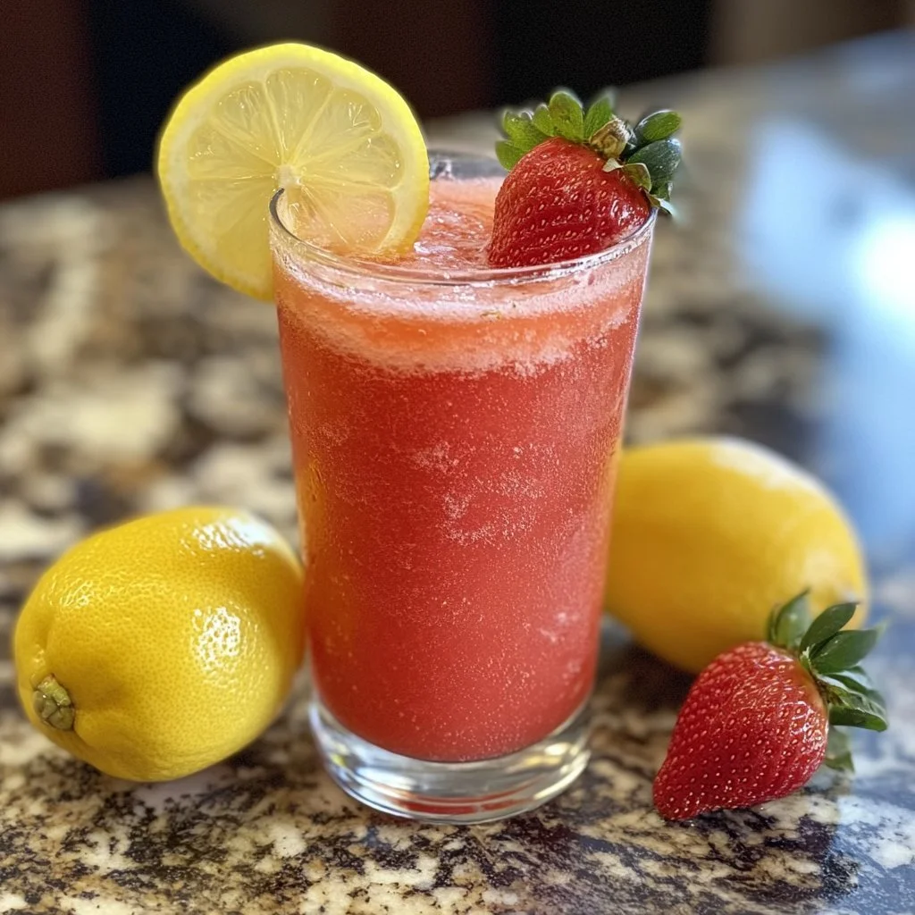 Erfrischende Frozen Erdbeer-Limonade in einem Glas mit frischen Erdbeeren