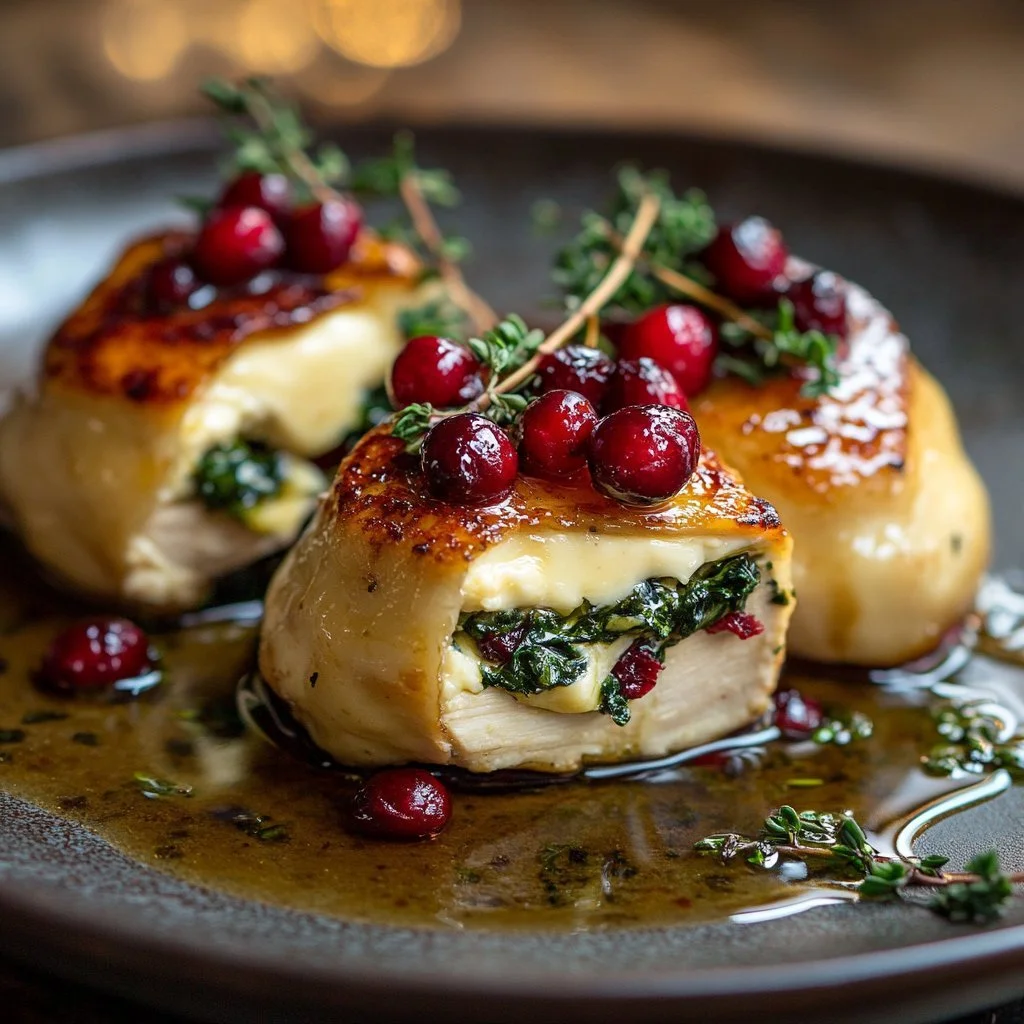 Gefülltes Hühnchen mit Spinat, Heidelbeeren und Brie auf einem Teller serviert.