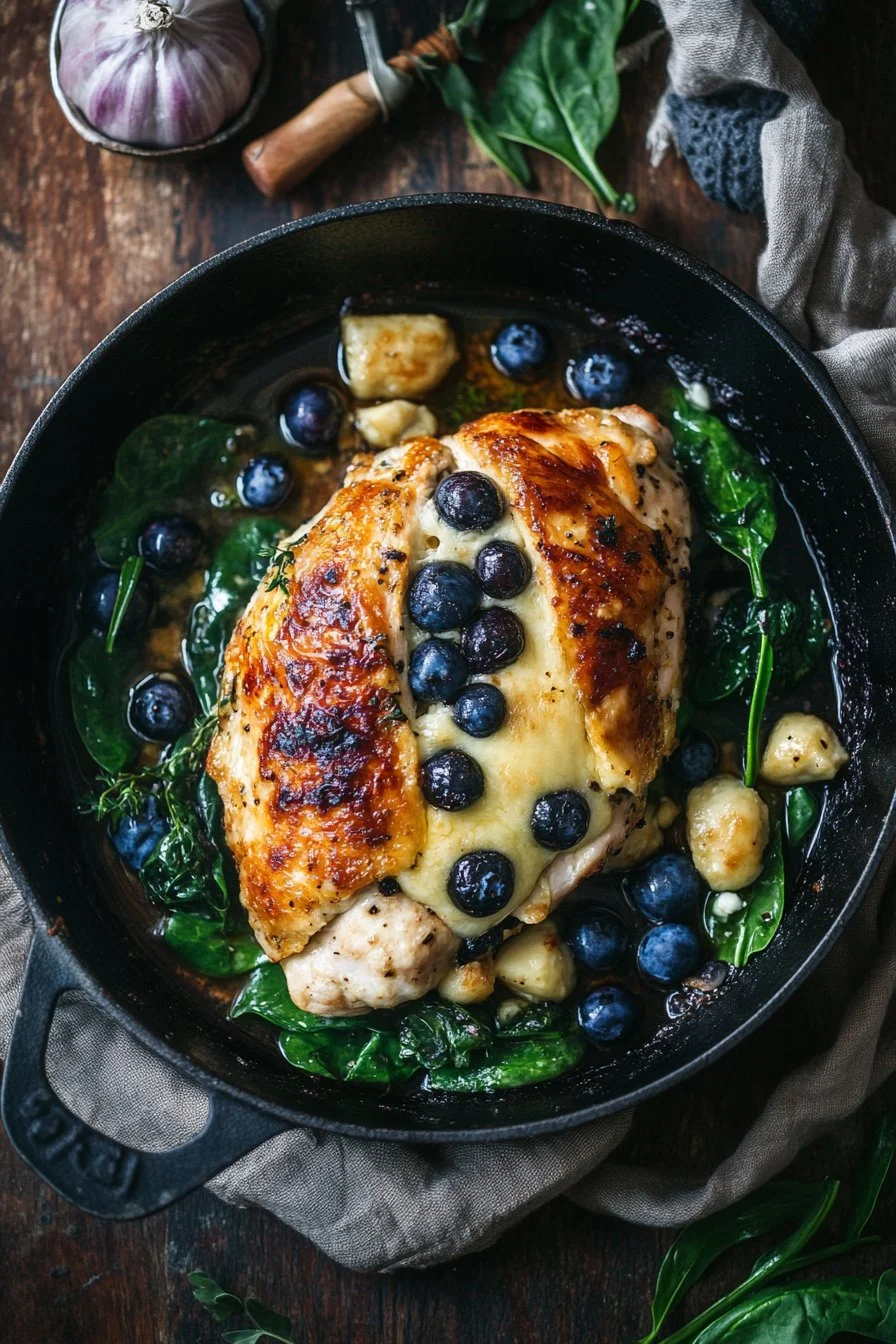 Gefülltes Hühnchen mit Spinat, Heidelbeeren und Brie