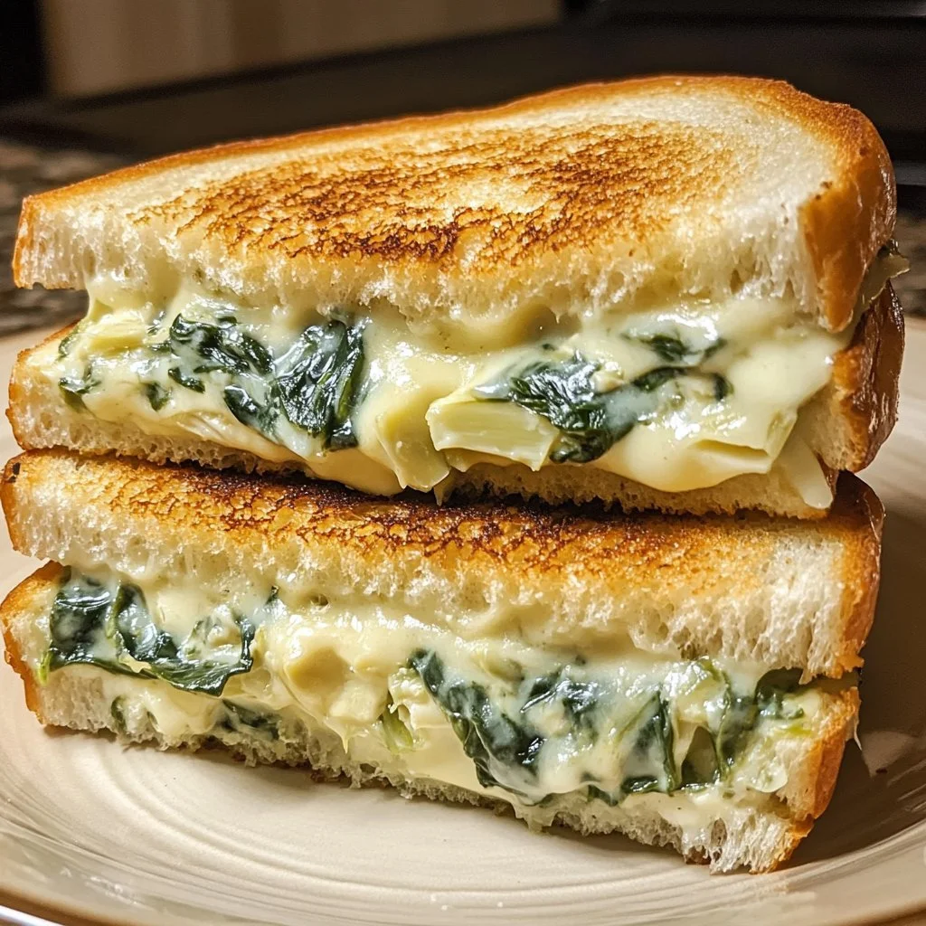 Gegrilde kaas sandwich met spinazie en romige artisjokken op een bord