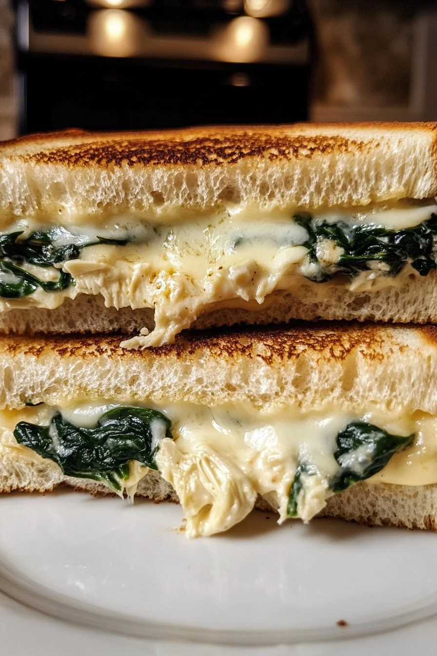 Gegrilde kaas sandwich met spinazie en romige artisjokken