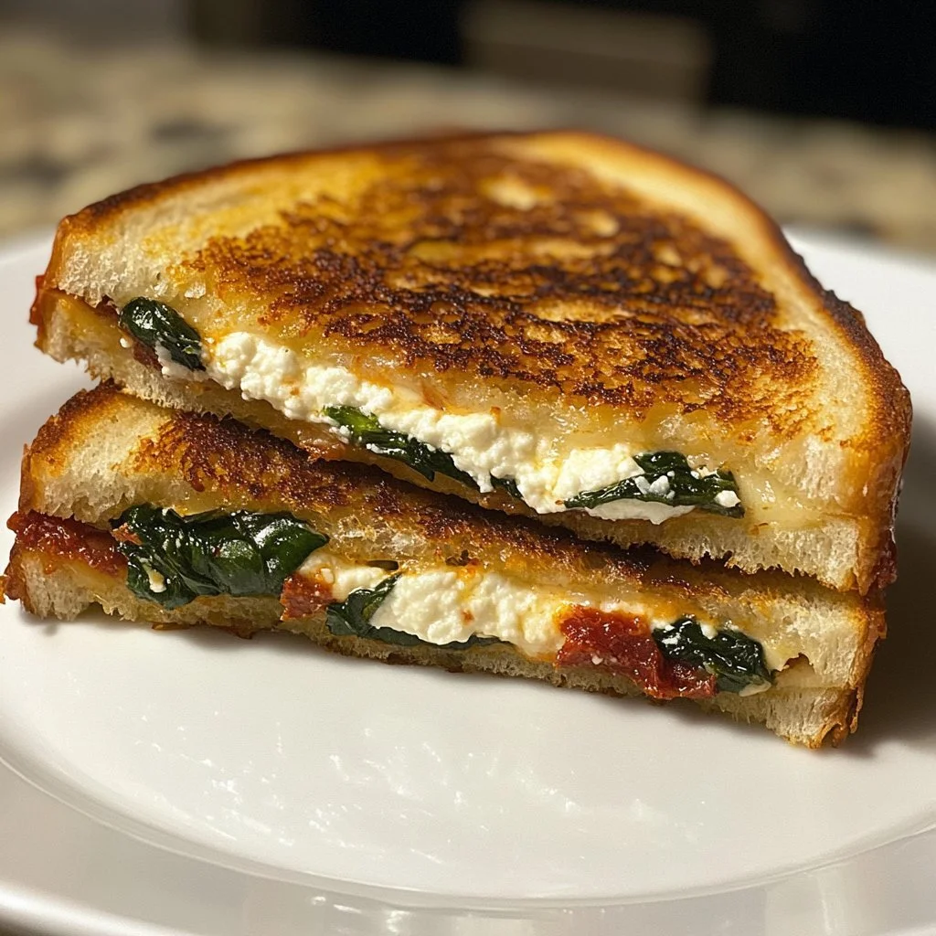 Gegrilde kaasbroodje met gedroogde tomaat, spinazie en ricotta op een bord.