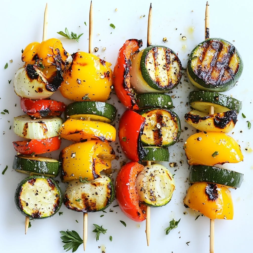 Bunte Gemüsespieße vom Grill auf einem Holzbrett serviert.
