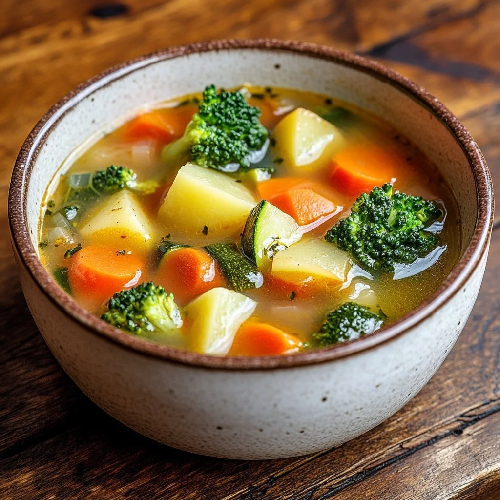 Schüssel mit bunter Gemüsesuppe, frisch zubereitet mit saisonalem Gemüse