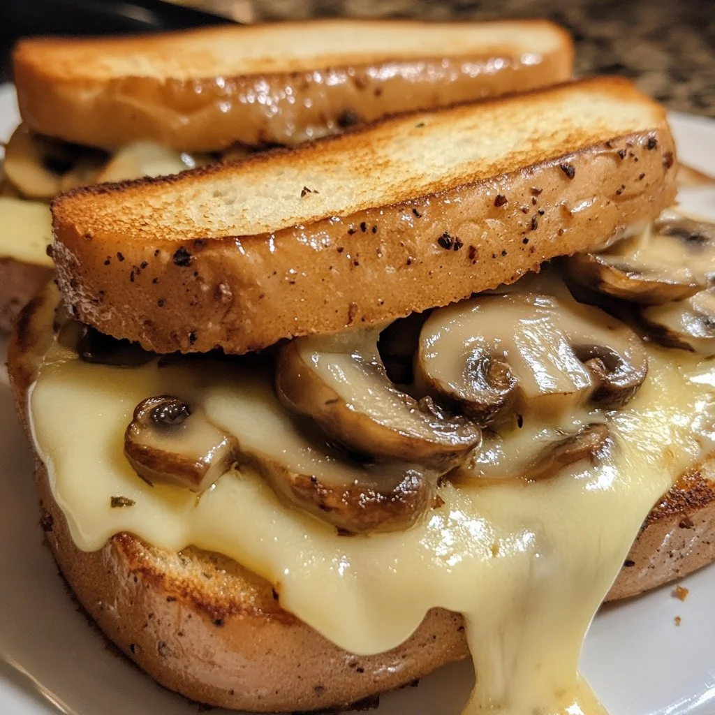 Gesmolten kaas sandwich met champignons op een bord