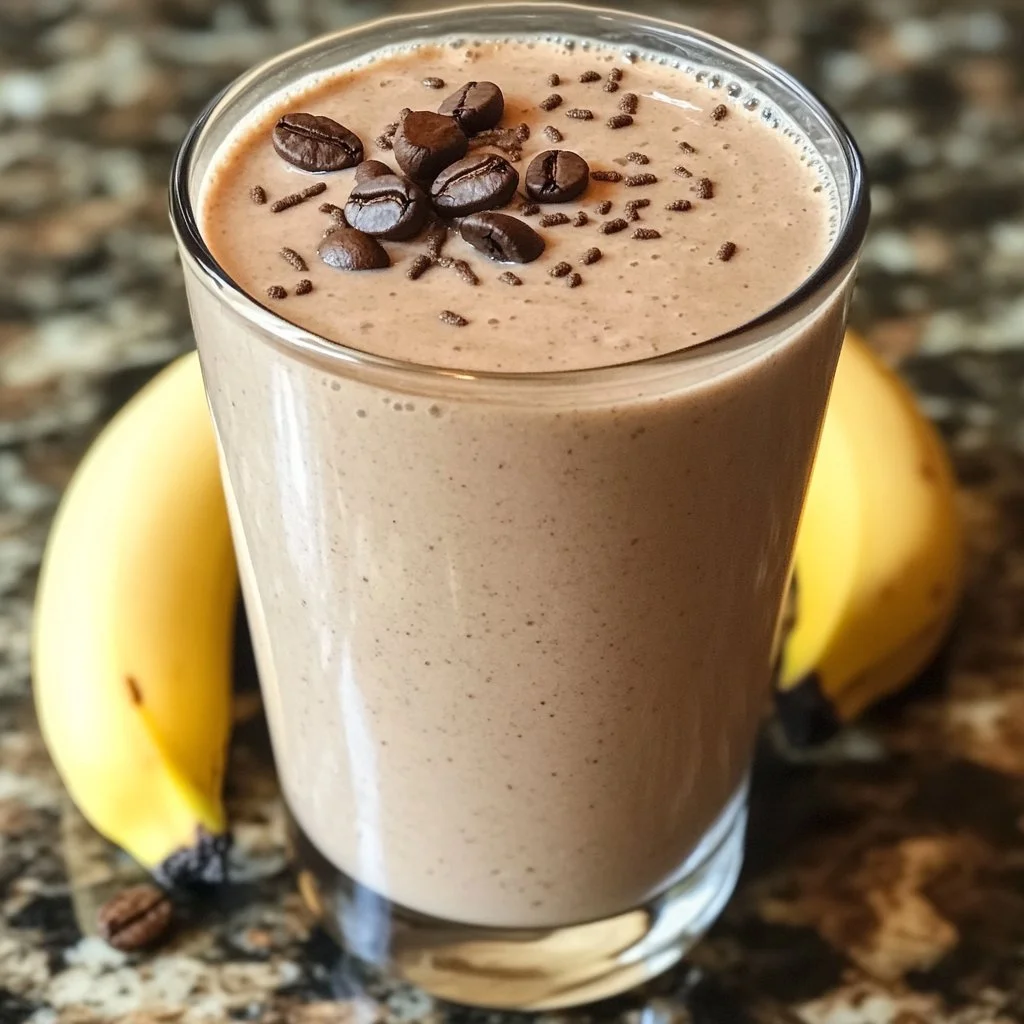 Gesunder Kaffee-Bananen-Protein-Smoothie in einem Glas mit frischen Zutaten