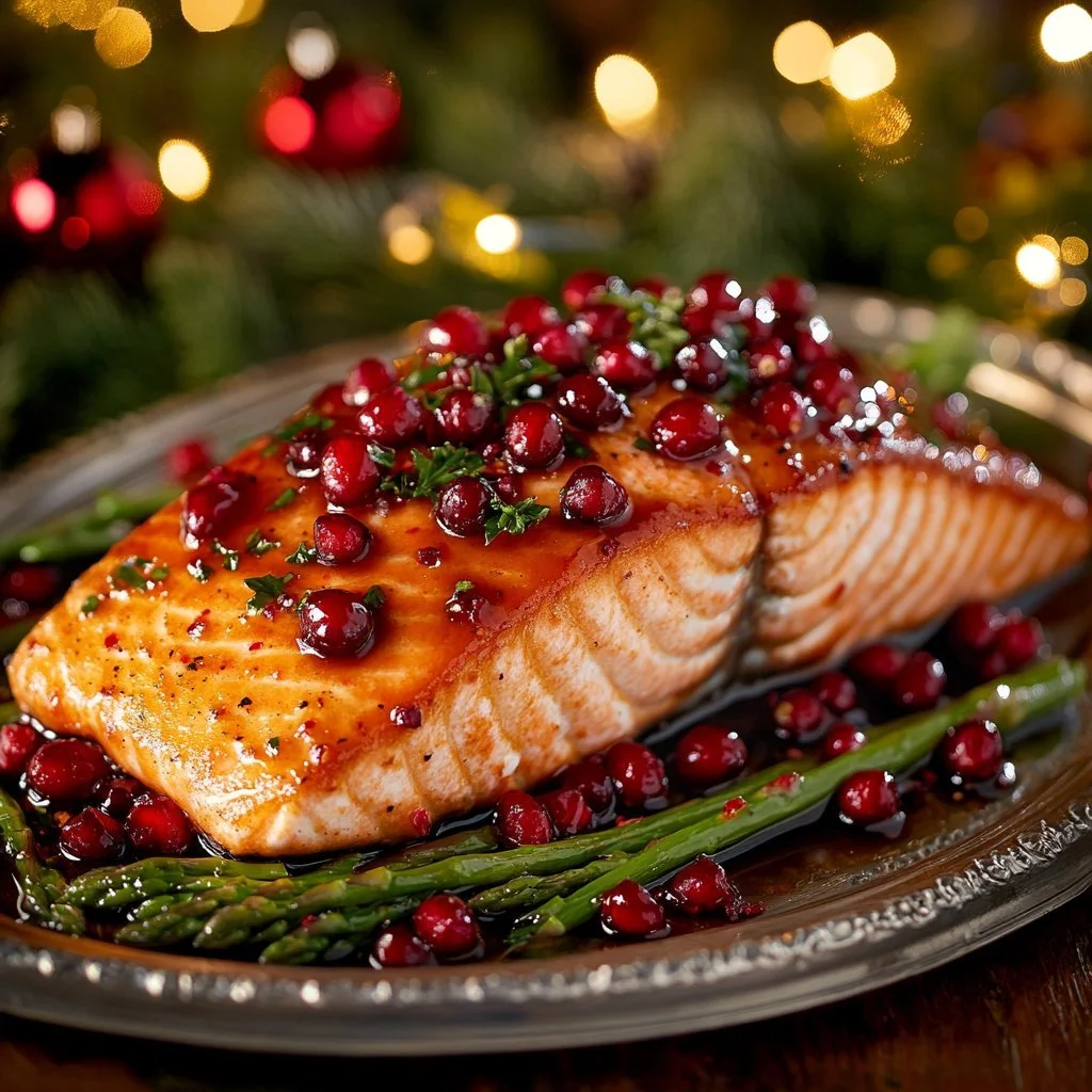 Granatapfel- und Orangen-glasierten Lachs auf einem eleganten Teller.