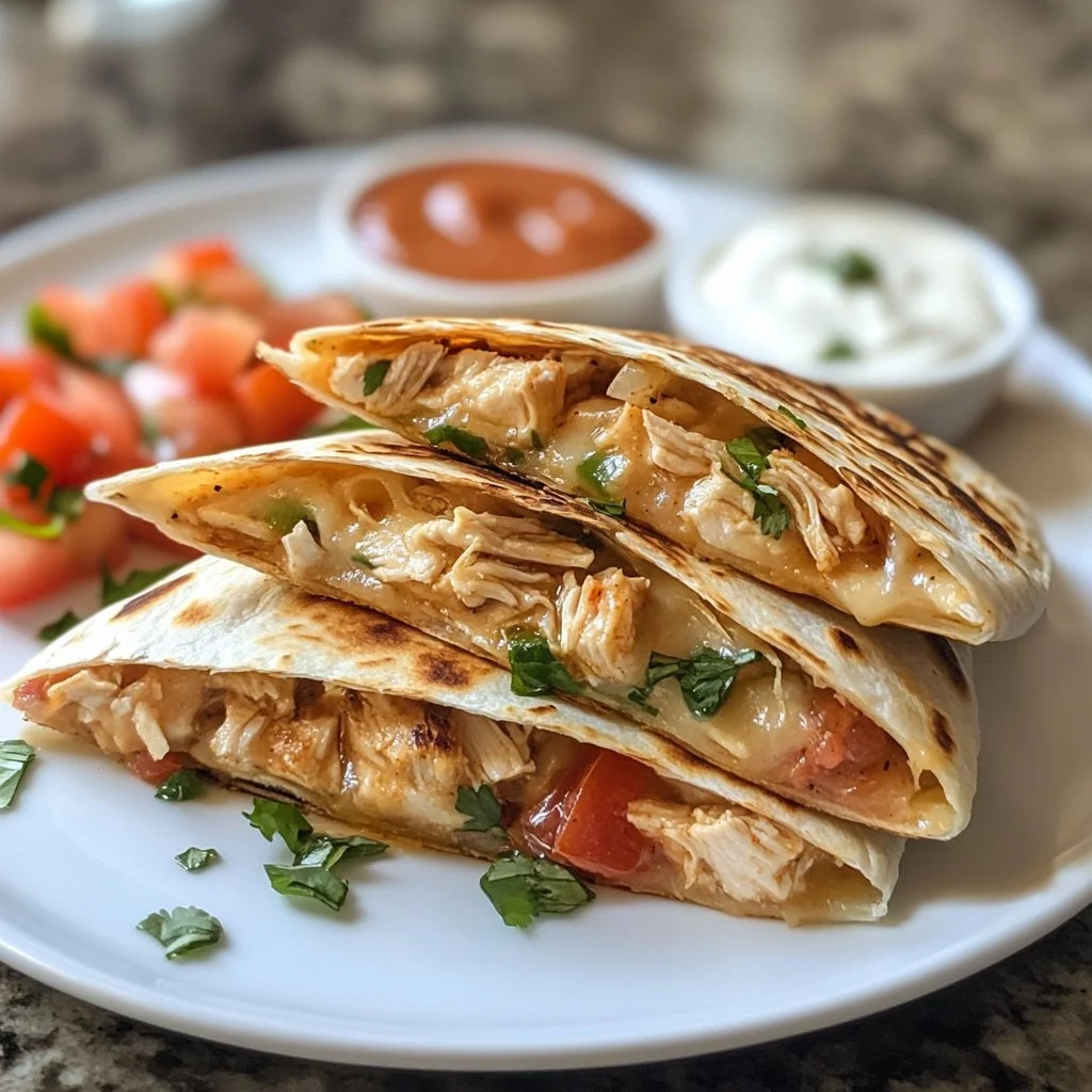 Leckere Hähnchen-Ranchero-Quesadillas mit schmelzendem Käse und frischen Zutaten.