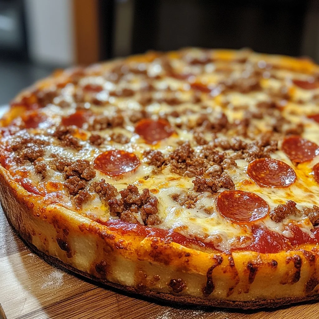 Hausgemachte Chicago-Stil Pizza mit Käse und Tomatensauce