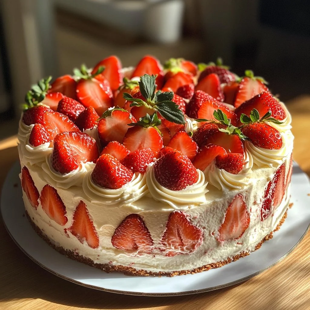 Hausgemachte Erdbeertorte mit frischen Erdbeeren und Sahne