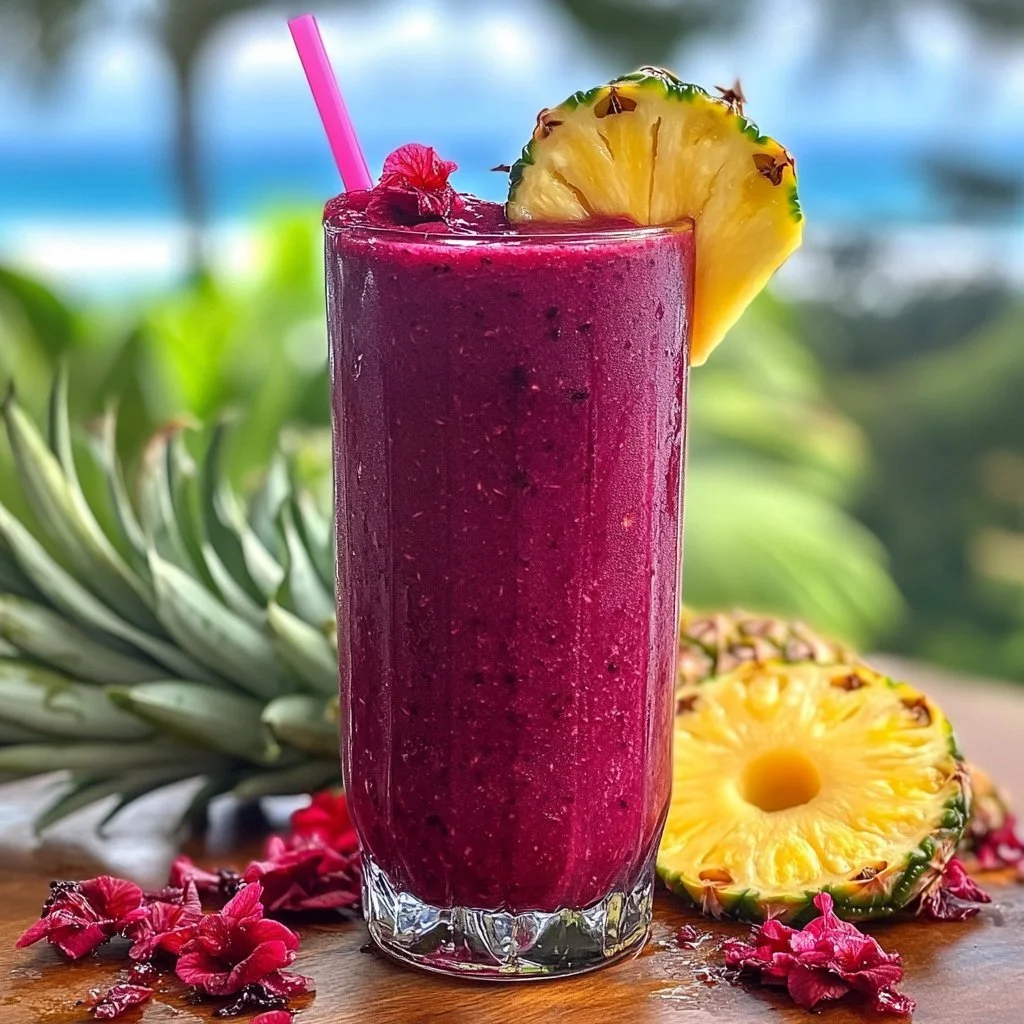 Erfrischender Hibiskus-Tee-Ananas-Smoothie in einem Glas mit frischen Früchten