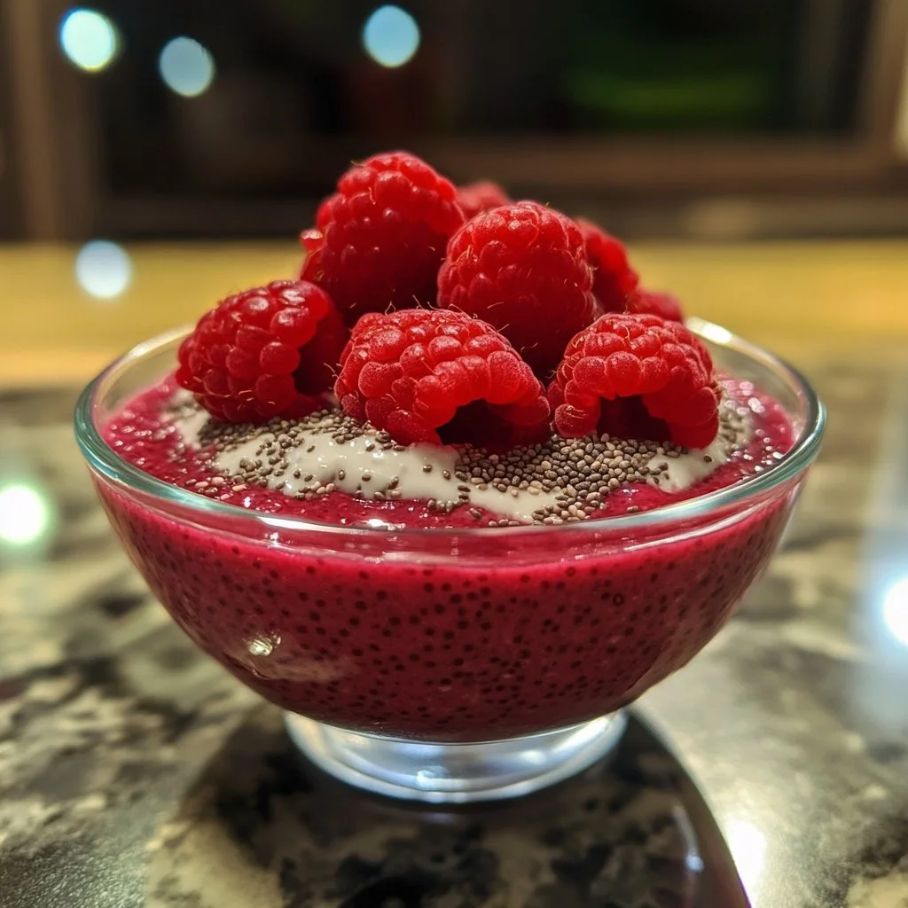 Leckerer Himbeer-Chia-Pudding in einer Schüssel mit frischen Himbeeren
