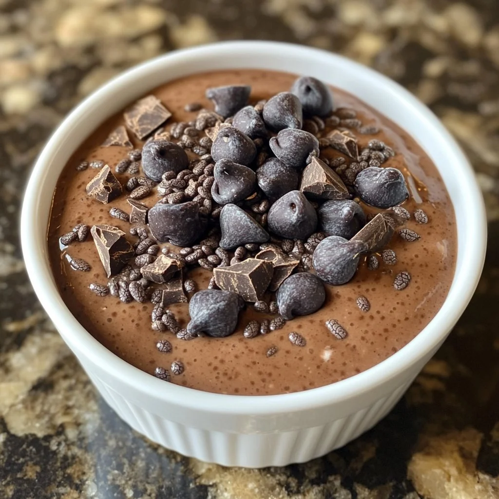 Hoher Protein Schokoladen-Chia-Pudding in einer Schüssel mit Chiasamen und Schokolade.