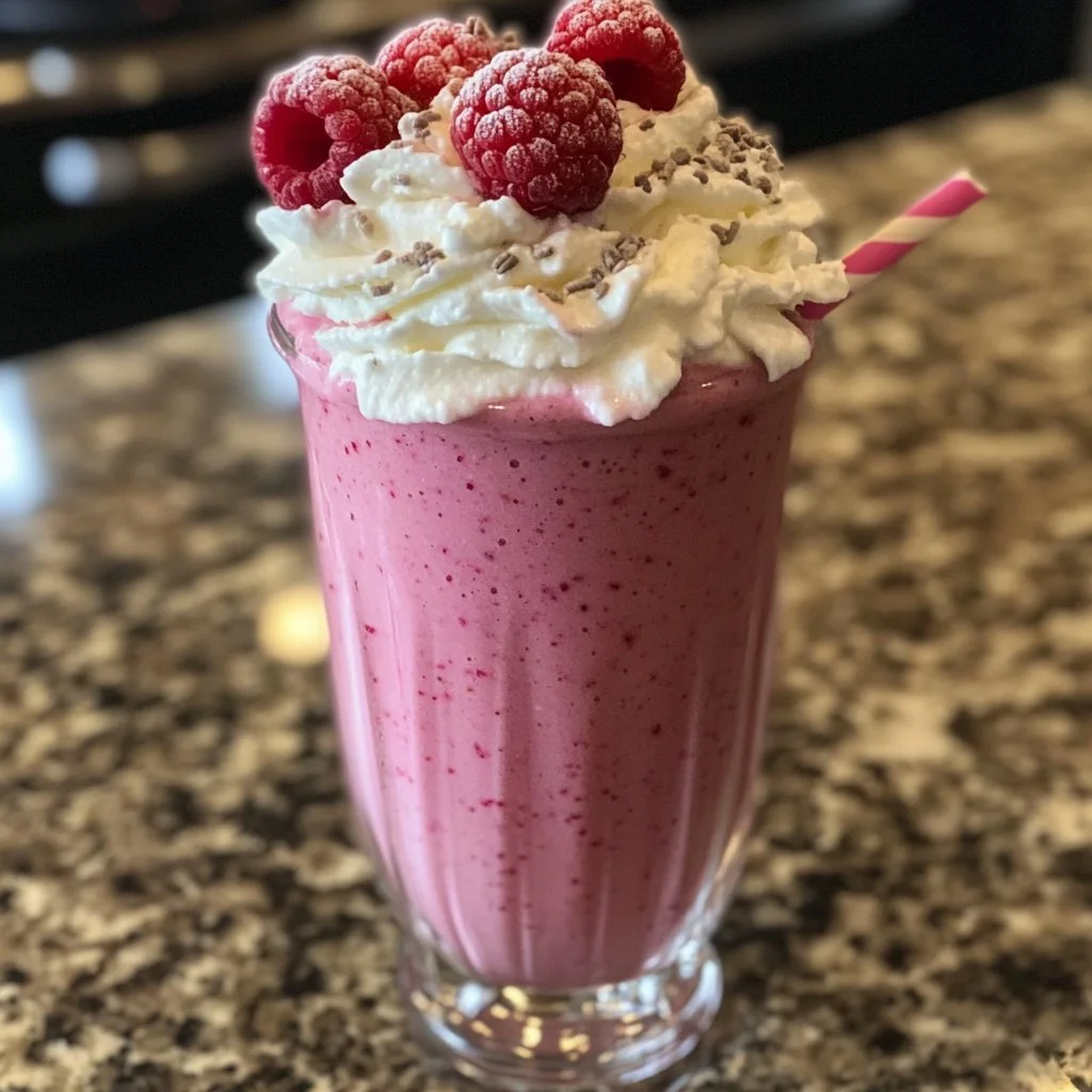 Hoher Protein Himbeer-Käsekuchen-Smoothie in einem Glas mit frischen Himbeeren dekoriert.