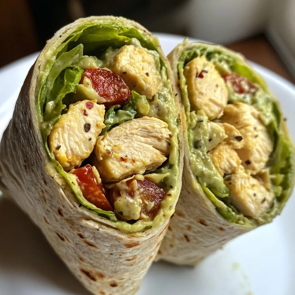 Hühnchen Avocado Salatwickel mit frischem Caesar-Dressing und knackigem Gemüse