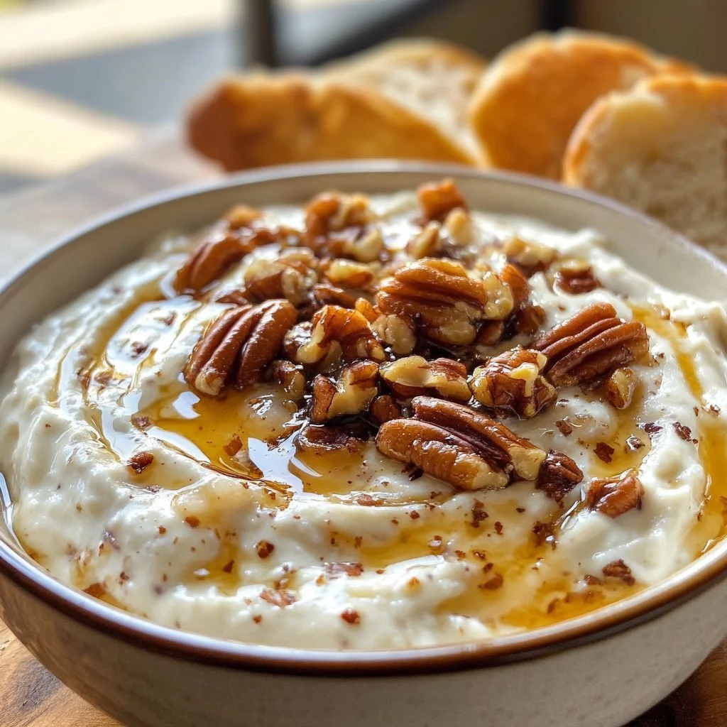 Kaassaus met yoghurt, gebakken ui, pecannoten en balsamico in een serveerschaal.