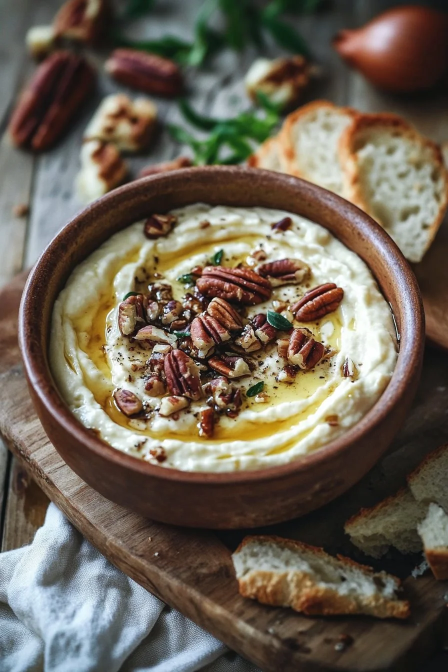 Kaassaus met yoghurt, gebakken ui, pecannoten en balsamico