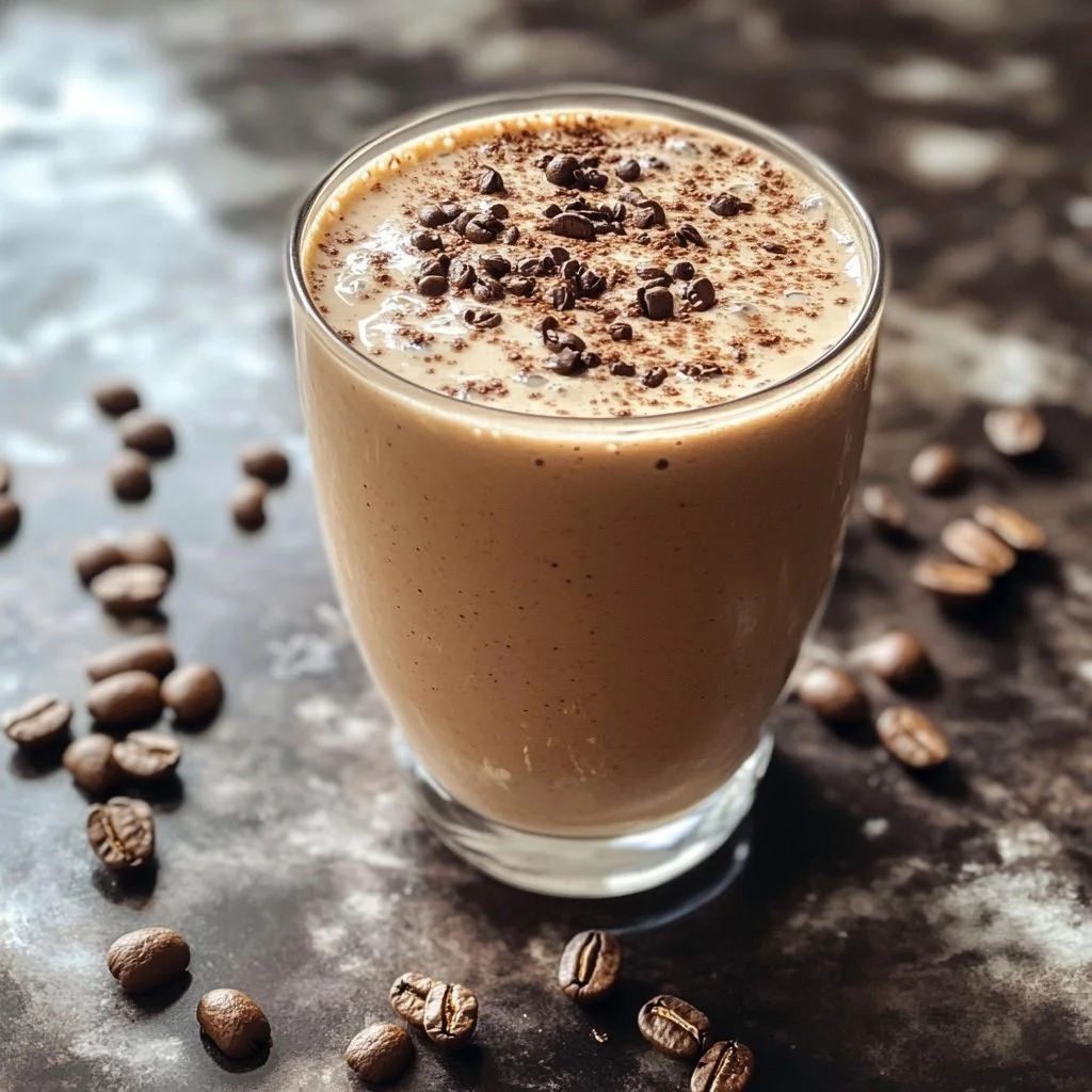 Kaffee-Smoothie ohne Banane in einem Glas mit frischen Zutaten.