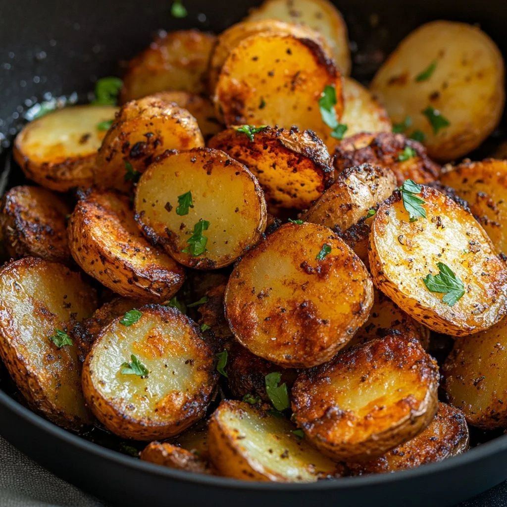 Knusprige Kartoffeln aus der Heißluftfritteuse, lecker und geschnitten.