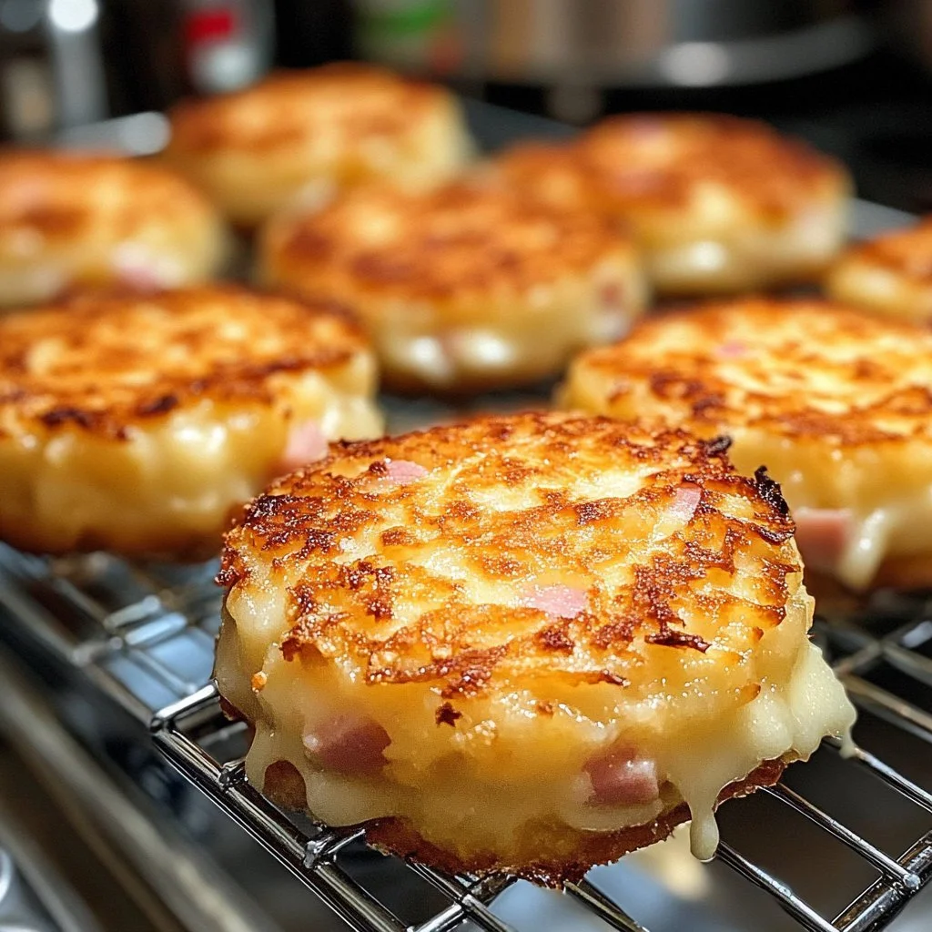 Leckere Kartoffelpuffer mit Käse und Schinken auf einem Teller serviert.