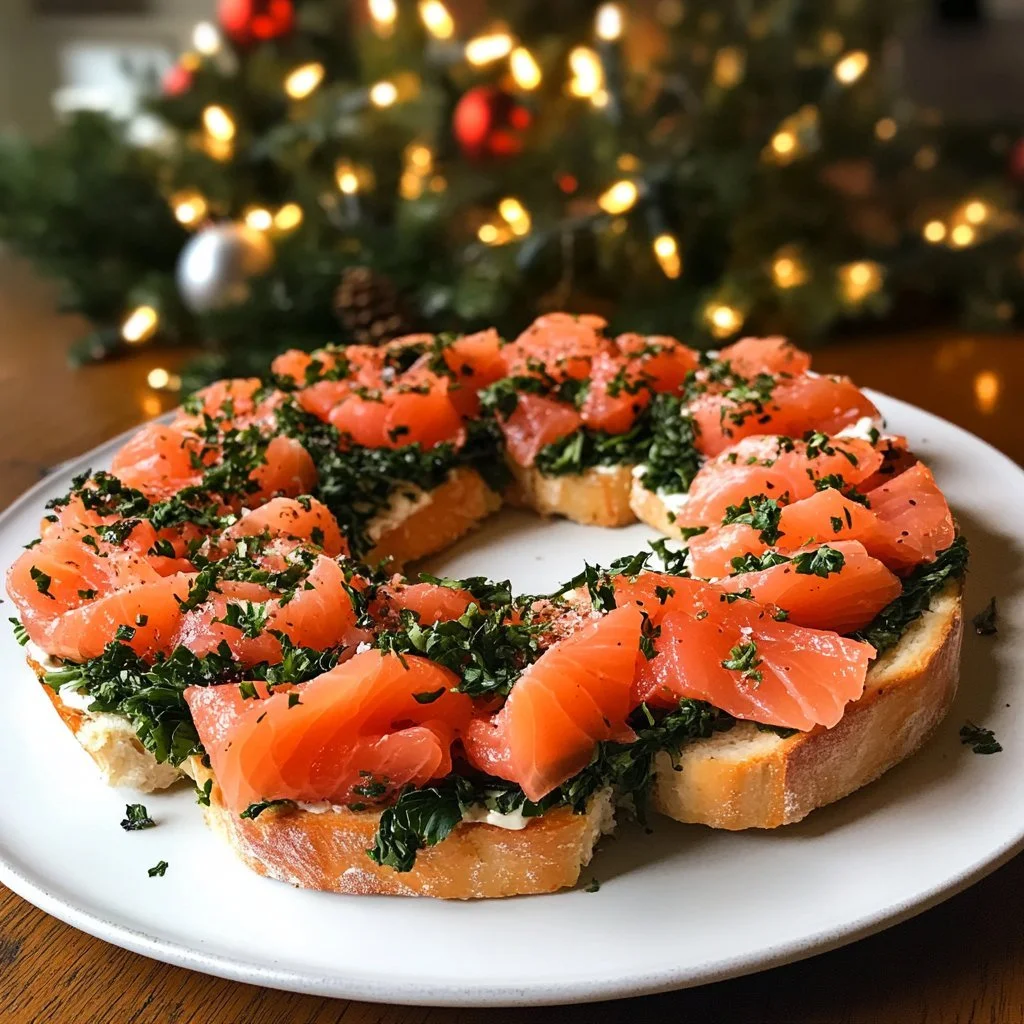 Bruschettakroon met kerstsalmonrookvlees voor een feestelijk diner
