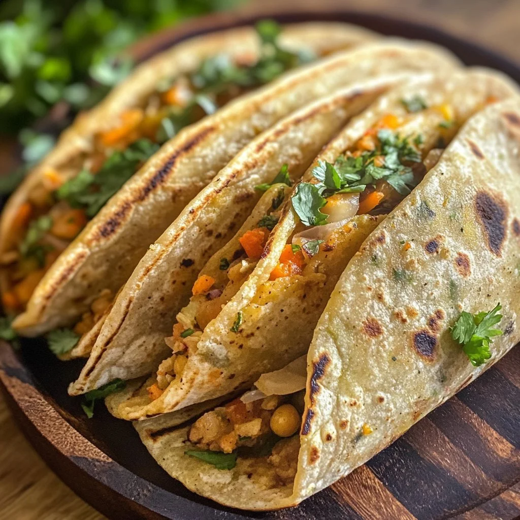 Kichererbsen- und Gemüsetortillas auf einem Teller angerichtet