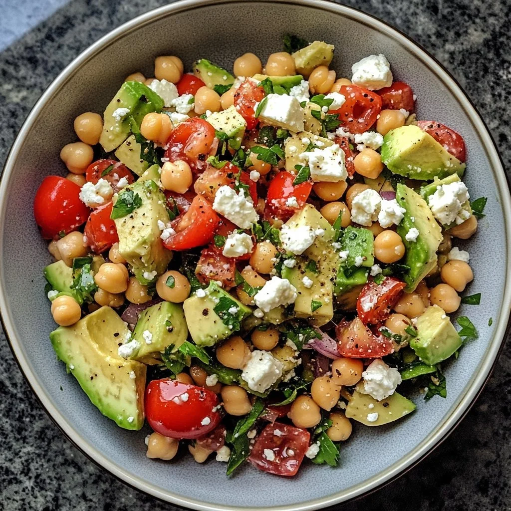 Kichererbsensalat mit Feta und Avocado in einer Schüssel serviert