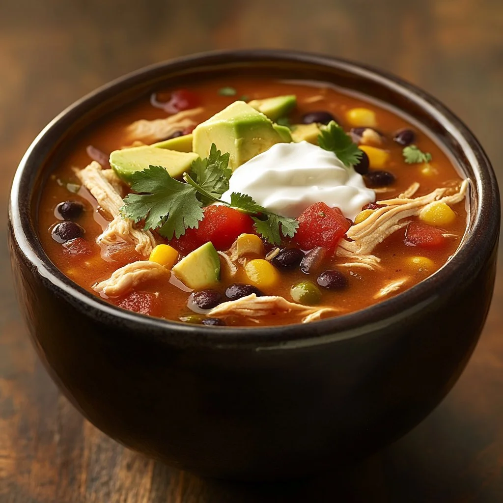 Schüssel mit klassischer Hühner-Tortilla-Suppe, garniert mit Tortilla-Streifen und Avocado