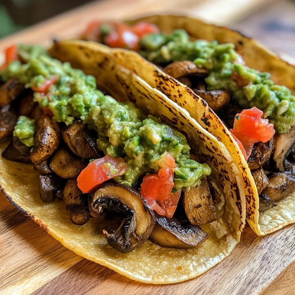 Knapperige taco's met paddenstoelen en zwarte bonen, geserveerd met erwtenguis.