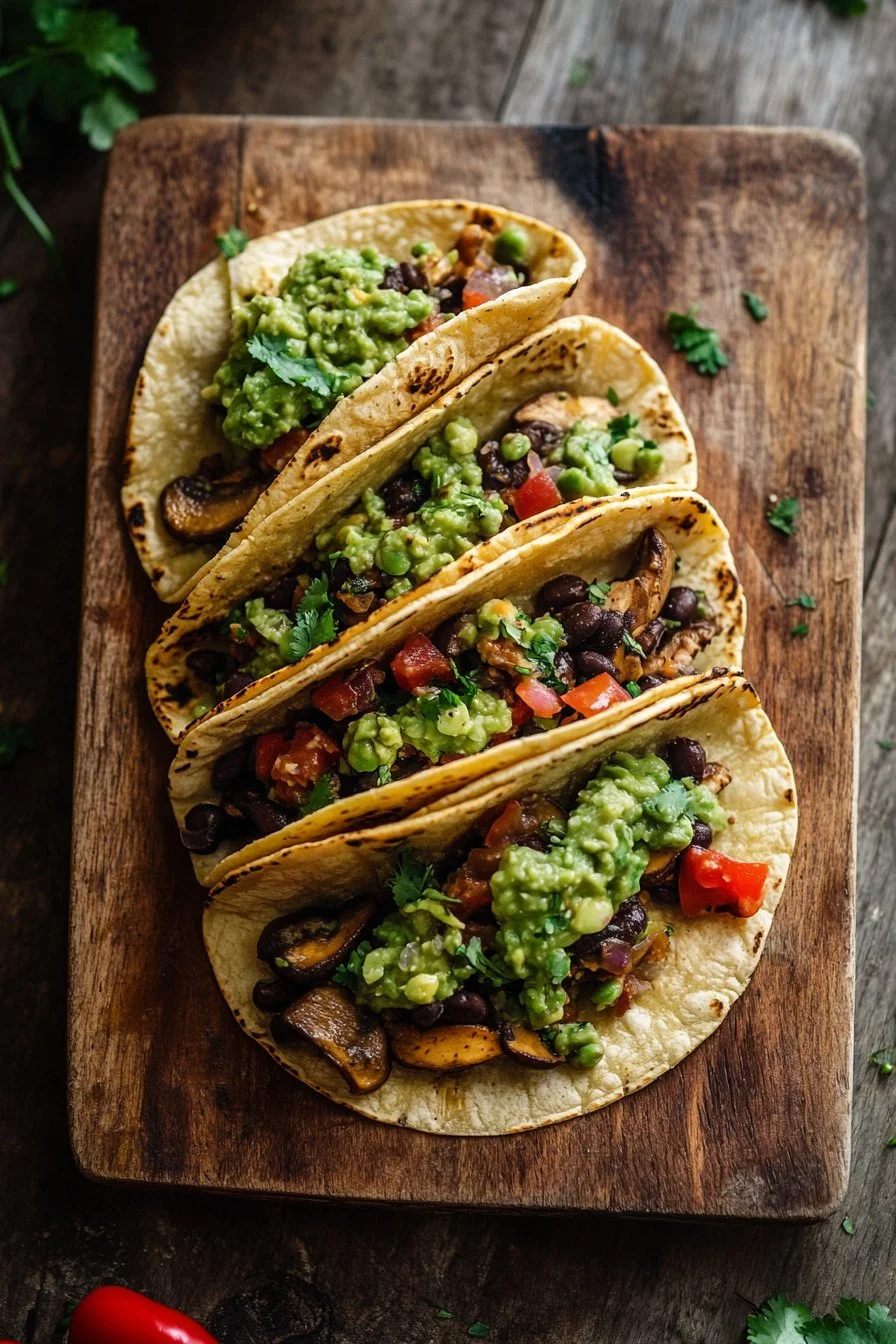 Knapperige Taco's met Paddenstoelen en Zwarte Bonen met Erwtenguis.