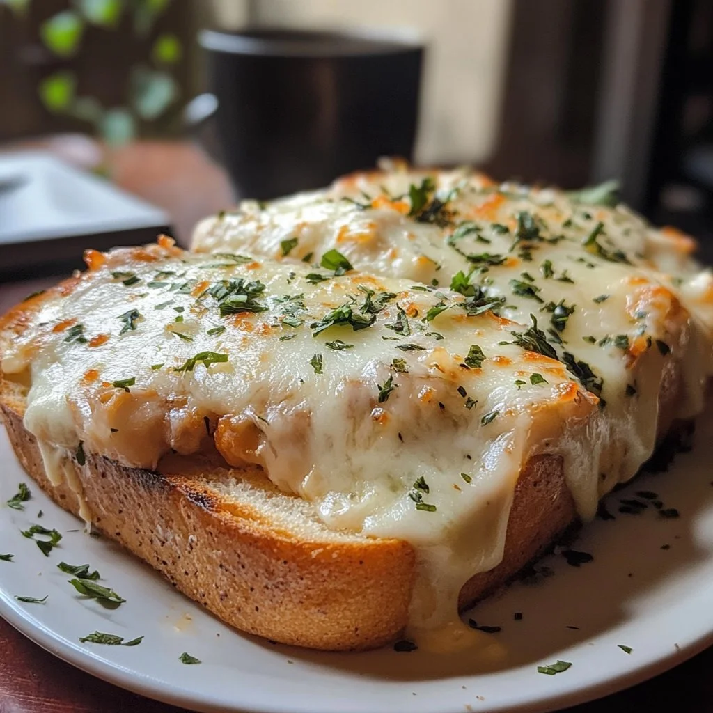 Knoflookbrood sandwich met kip en kaas op een bord