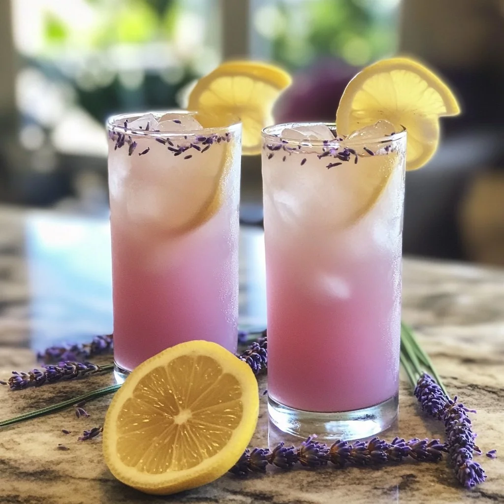Erfrischende Kokos-Lavendel-Limonade in einem Glas mit Eis und Lavendeldekor.