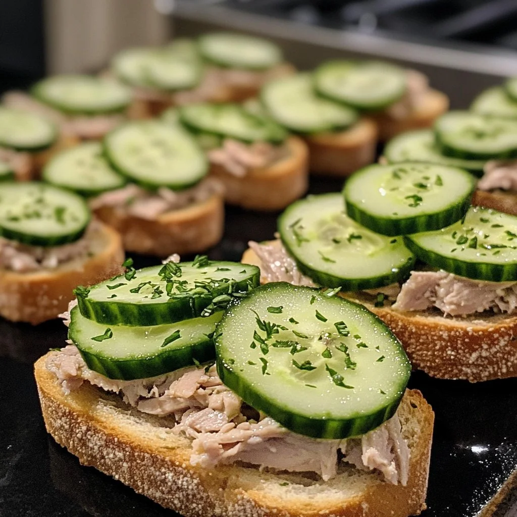 Komkommer tostadas met tonijn op een bord geserveerd